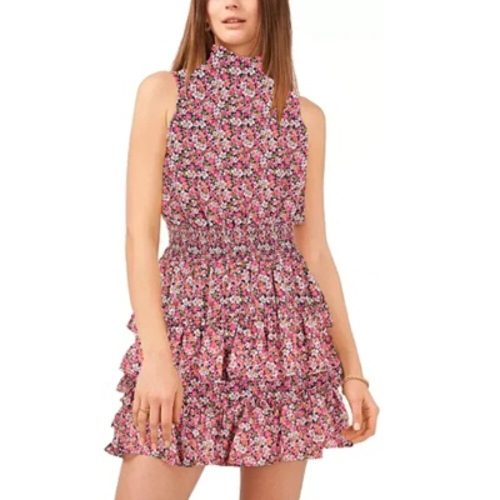 1.STATE Sleeveless Smocked Neck Dress with Ruffle Tiered Skirt